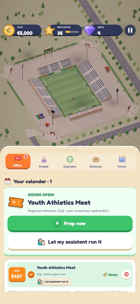 The office sheet: cash, reputation and gems at the top, a 'Doors open!' card for the Youth Athletics Meet with the buttons Prep now and Let my assistant run it, and the calendar below.