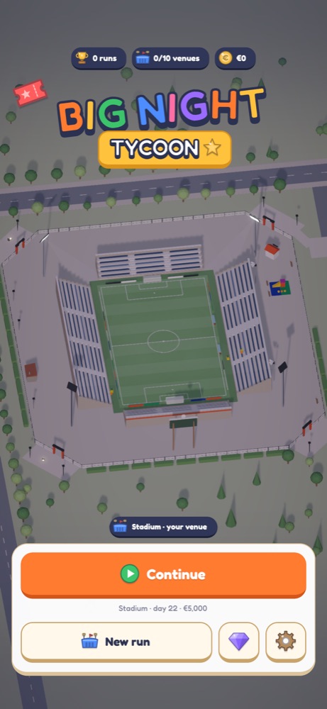 The title screen: the Big Night Tycoon logo over a low-poly town stadium, with Continue and New run buttons.