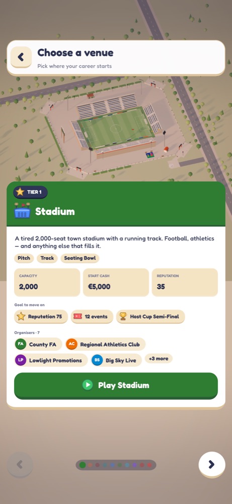 The venue picker showing the tier 1 Stadium: 2,000 seats, 5,000 euros start cash, the goal to move on and the organisers who book it.